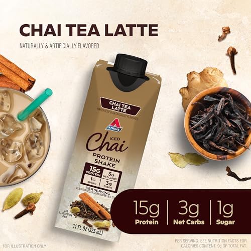 Atkins Chai Tea Latte Protein Shake with 15g Protein, 3g Net Carbs, 1g Sugar and Atkins Chocolate Chip Protein Cookie with 10g Protein, 3g Net Carbs, 1g Sugar, Keto Friendly, 4 Count