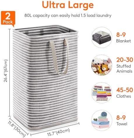 Lifewit 2 Pack Laundry Hamper Large Collapsible Laundry Baskets, Freestanding Waterproof Clothes Hamper with Easy Carry Handles in Laundry Room Bedroom Bathroom College Dorm for Adults, Black, 2 x 80L