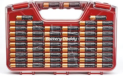 Ontel Battery Daddy Storage & Organizer Case with Tester, Stores & Protects Up to 180 Batteries, Double-Sided, Durable Design with Clear Locking Lid, Secure Latches & Portable Carrying Handle - Red