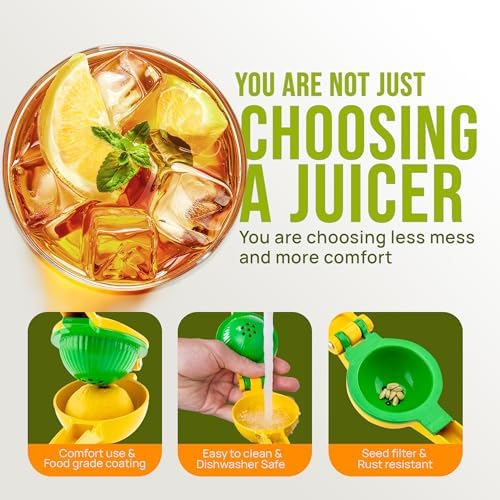 Zulay Kitchen Metal 2-in-1 Lemon Squeezer - Sturdy Max Extraction Hand Juicer Lemon Squeezer Gets Every Last Drop - Easy to Clean Manual Citrus Juicer - Easy-Use Lemon Juicer Squeezer - Yellow/Green