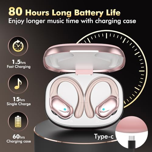 Wireless Earbuds, Sports Bluetooth Headphones, 80Hrs Playtime Ear Buds with LED Power Display, Noise Canceling Headset, IPX7 Waterproof Earphones for Workout/Running Rose Gold