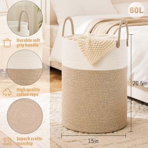 Laundry Basket,Woven Cotton Rope Laundry Hamper,60L for Decor Storage of Dirty Clothes,Toys and Blankets in Bathroom,Baby Room and Living Room