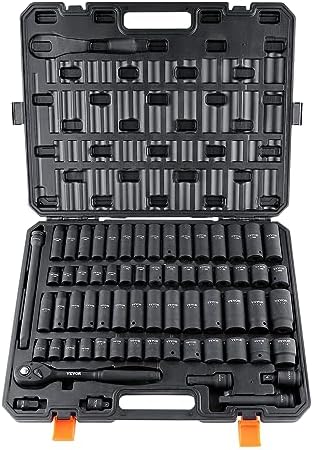 VEVOR 1/2" Drive Impact Socket Set, 65 Piece SAE 3/8" to 1-1/4" and Metric 10-24mm, 6 Point Cr-V Alloy Steel for Auto Repair, Easy-to-Read Size Markings, Rugged Construction, Storage Case