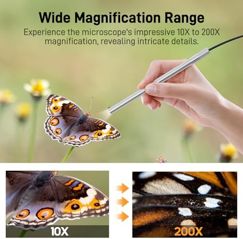 Teslong USB-C Digital Microscope, 10X to 200X Magnification Portable Camera with 8 LED Lights, Handheld Rotating Metal Stand for Coin, Electronic, Compatible with iPhone 15+ and Android Devices