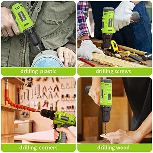 Cordless Drill Set,12V Power Drill Set with Battery and Charger, Electric Driver/Drill Bits, 3/8'' Keyless Chuck,21+1 Torque Setting, 180 inch-lbs, with LED Electric Drill Set (Green)