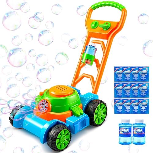 SLOOSH Bubble Lawn Mower Toddler Toys - Pretend Play Bubble Blower Machine Gardening Toy Leak-Proof for Indoor Outdoor Use, Push Toys Preschool Baby Boys Kids Halloween Birthday Gifts (Blue)