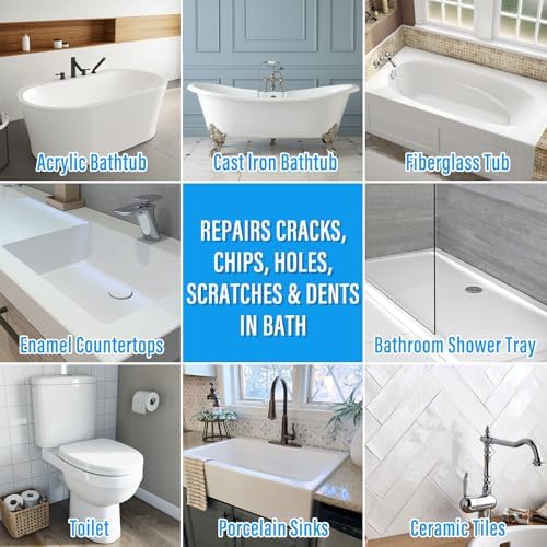 Tub Repair Kit White, Tub Chip and Bathtub Repair Kit for Enamel, Fiberglass, Acrylic, Porcelain, Patch and Repairs Chips, Crack, Scratches, Rust, Holes on Tubs, Toilet, Sink, Shower, Tray in Bathroom