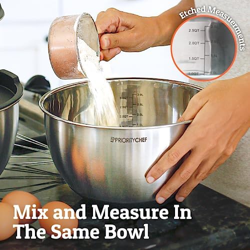 Priority Chef Premium Mixing Bowls With Lids Set, Airtight Lids, Thicker Stainless Steel Mixing Bowl Set, Large Prep Metal Bowls, Nesting Bowls for Kitchen, 1.5/2/3/4/5 Qrt, Black