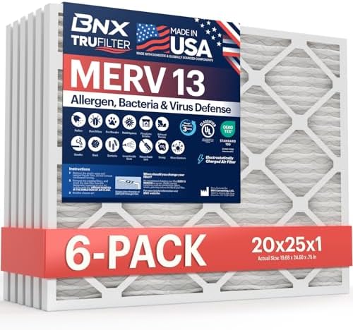 BNX TruFilter 20x25x1 Air Filter MERV 13 (6-Pack) - MADE IN USA - Electrostatic Pleated Air Conditioner HVAC AC Furnace Filters for Allergies, Pollen, Mold, Bacteria, Smoke, Allergen, MPR 1900 FPR 10