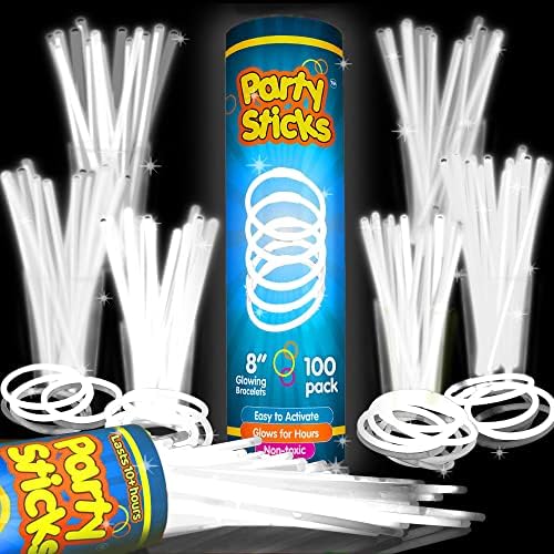 PartySticks Glow Sticks Party Supplies 100pk - 8 Inch Glow in The Dark Light Up Sticks Party Favors, Glow Party Decorations, Neon Party Glow Necklaces Glow Bracelets Connectors (White) (TN-1224962)