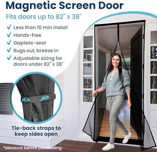 Magnetic Screen Door - Bugs Out, Breeze in - 9min Install Auto-Sealing Heavy Duty Double Stitched Mesh, 52 Magnets, Hands Free Sliding & Patio Door Net, Pet & Kid Friendly, 38 x 82 Inch, Flux Phenom