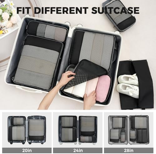 BAGAIL 4 Set/6 Set/8 Set Compression Packing Cubes Travel Accessories Expandable Packing Organizers (Half Mesh, 6-Black)