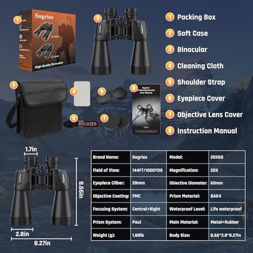 20x60 Binoculars for Adults High Powered, Waterproof & Fog Proof Compact Binoculars for Bird Watching with Low Light Vision, Hunting,Travel,Includes Carrying Bag