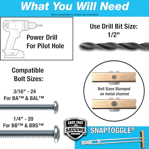 TOGGLER SNAPTOGGLE Heavy-Duty Drywall Toggle Bolt – 3/16"-24 UNC Zinc-Plated Anchor for Hollow Walls, Plaster & Tile – Holds 238 lbs in 1/2" Drywall, Easy Install – 100 Pack (W/Flathead Bolts)