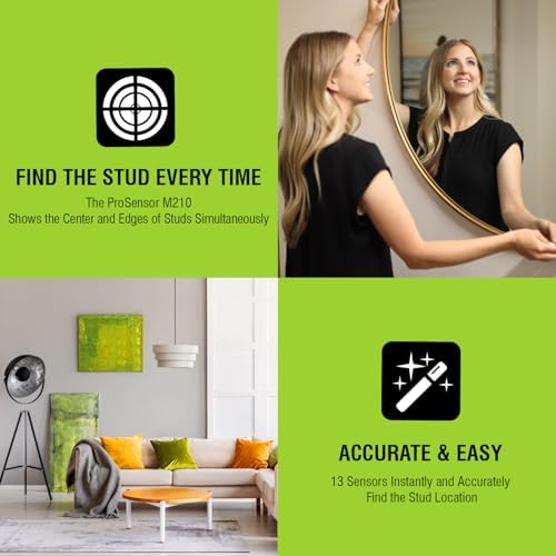 Franklin Sensors ProSensor M210 Stud Finder with 13-Sensors, Wood & Metal Stud Detector/Wall Scanner, Live Wire Detection (Green), Made in The USA