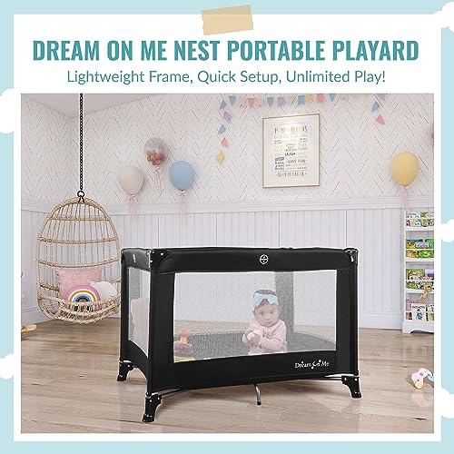 Dream On Me Nest Portable Playard in Black with Carrybag an Shoulder Strap, Lightweight, Packable and Easy Setup Baby Playard, Breathable Mesh Sides and Soft Fabric - Comes with a Removable Padded Mat