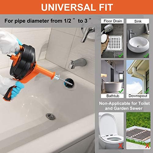 Drain Auger, Clog Remover with Drill Adapter, 25 Feet Flexible Plumbing Snake Use Manually or Powered for Kitchen,Bathrom and Shower Sink, Comes with Gloves (orange)
