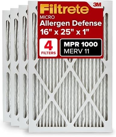 Filtrete 16x25x1 AC Furnace Air Filter, MERV 11, MPR 1000, Micro Allergen Defense, 3-Month Pleated 1-Inch Electrostatic Air Cleaning Filter, 4 Pack (Actual Size 15.69 x 24.69 x 0.81 in)