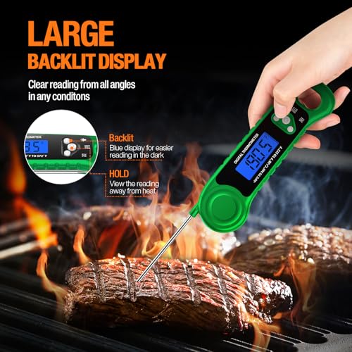 Digital Meat Thermometer for Grilling, Candy Thermometer Instant Read Food Thermometer Waterproof with Backlight for Cooking, Deep Fry, BBQ, Grill, Smoker and Roast (Green)