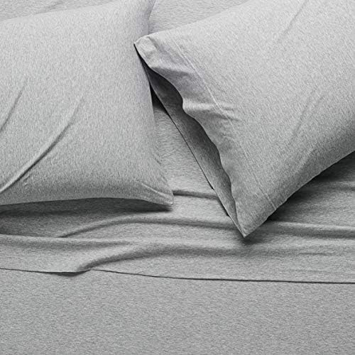 Amazon Basics 4 Piece Bed Sheet Set, 100% Cotton Jersey, Includes Super Soft, Flat and Fitted Sheets, Pillowcase, Queen, Light Gray, Solid