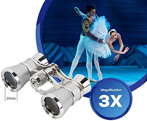Aomekie Opera Glasses Binoculars 3X25 Theater Glasses Mini Binocular Compact with Chain for Adults Women in Musical Concert(Silver)
