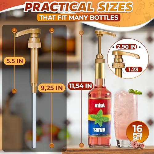16 PCs Coffee Syrup Dispenser Pump – 9.25" Closed/11.54" Open Coffee Syrup Dispenser Pump – Fits Various 25.4 oz Bottles, Lock Mechanism, Easy Cleanup, Suitable for Liquids, Sauces & Pastes