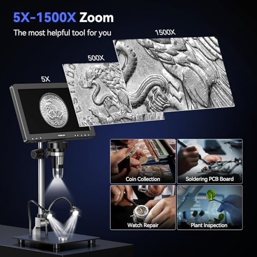 TOMLOV DM9 Max Digital Microscope: 20MP 10.1" 1500X HD IPS HDMI Coin Microscope Magnifier for Error Coins with Screen, LCD Soldering Microscopes for Adults, 10 LED Lights, PC/TV Compatible, 64GB
