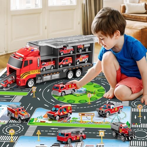 Toddler Boys Toys for 3-5 Years Old, Fire Truck Vehicle Set with Play Mat, Die-Cast Toy Car Carrier Truck for Kids, Birthday Gifts Toys for 3-8+ Year Old Boys