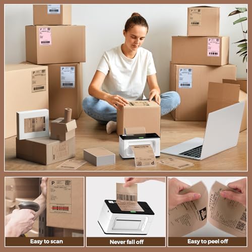 MUNBYN Brown 4"x6" Direct Thermal Shipping Labels, Commercial Grade Permanent Adhesive Fanfold Mailing Postage Label Paper for Thermal Printers and Packages, 220 Sheets per Stack