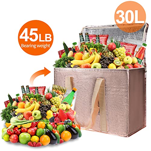 Bodaon 2-Pack Insulated Reusable Grocery Shopping Bag with Zippered Top, X-Large Frozen Foods Cold, Cooler Shopping Accessories, Insullated Bags, Insulated Food/Pizza Delivery Bag, Gold