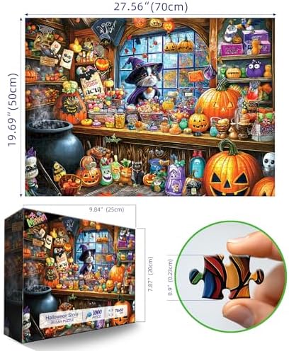 Halloween Witch Cat 1000 Piece Puzzle for Adults Halloween Candy Store Jigsaw Puzzle Spooky Treats Scene Challenging Impossible Puzzle Fun Games for Adults & Family Game Night