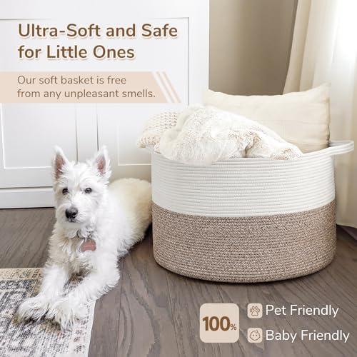INDRESSME XXXLarge Cotton Rope Basket 21.7" x 21.7" x 13.8" Woven Baby Laundry Blanket Basket Toy Baskets with Handle Storage Comforter Cushions Thread Laundry Hamper Home Decor Living Room