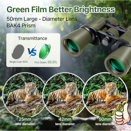 20x50 Hunting Binoculars for Adults High Powered with Low Light Night Vision - 28mm Large Eyepiece Professional Binoculars for Bird Watching Hiking Travel with BAK4 Prism FMC Lens, Green