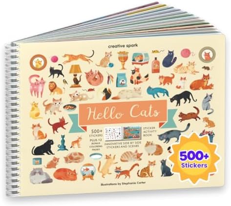 Cupkin Hello Cats Sticker Book Activity for Kids, Toddler Airplane Travel Essentials, 500+ Stickers for Kids 12 Scenes + Coloring Book Pages, Cat Gift Girls and Boys, Children's Crafts Ages 2-8