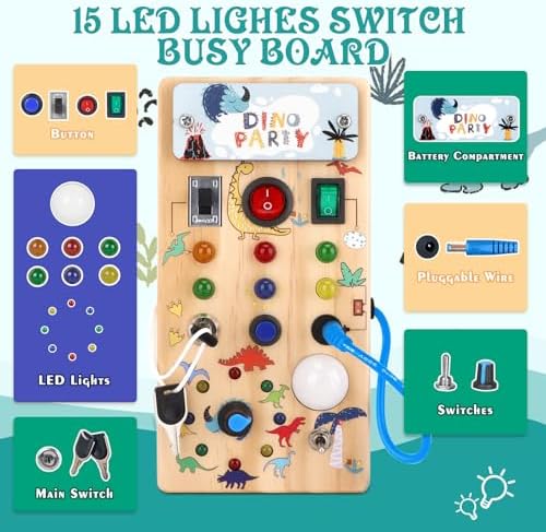 Dinosaur Busy Board with 8 LED Light Switches, Toddler Montessori Busy Board with Light Switch, Sensory Travel Toys, Montessori Toys for 1+ Year Old Boys