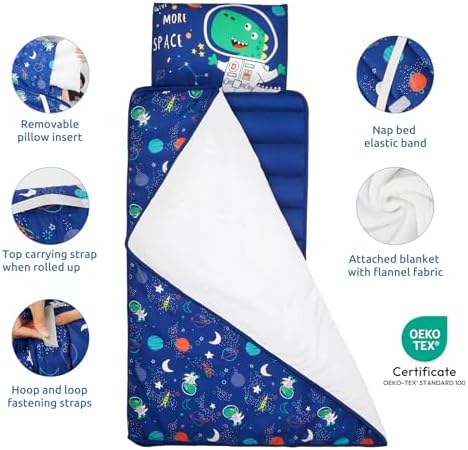 Toddler Nap Mat with Pillow and Blanket, Soft Sleeping Bag for Kids Boys and Girls, Slumber Bags Kids for Preschool, Daycare, Travel, Camping, 54" x 33" Great for Ages 3-6
