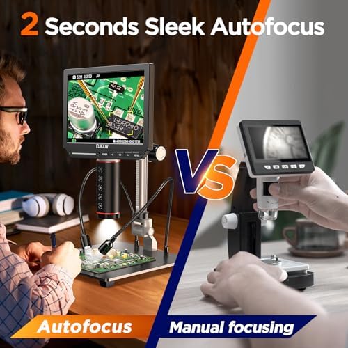Elikliv Autofocus 4K Digital Microscope EM4K-AF, 52MP Soldering Microscope for PCB Repair, Coin Inspection & Watchmaking, 2000X Magnifier Scope, 8" IPS Screen, HDMI/USB Output, 10" Stand, 64GB Card