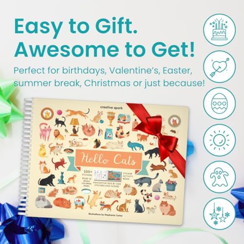 Cupkin Hello Cats Sticker Book Activity for Kids, Toddler Airplane Travel Essentials, 500+ Stickers for Kids 12 Scenes + Coloring Book Pages, Cat Gift Girls and Boys, Children's Crafts Ages 2-8