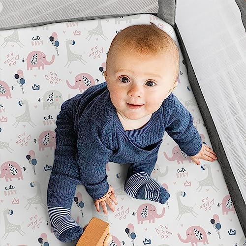 Pack n Play Sheets, BROLEX 2 Pack Mini Crib Sheets,Stretchy Portable Fitted Playard Sheet Set, Convertible Playard Mattress Cover,Ultra Soft Breathable Material,Elephant Rabbit