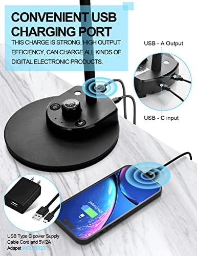 BOHON LED Desk Lamp with USB Charging Port 3 Color Modes Dimmable Reading Light Intelligent Induction Auto Dimming Task Lamp Flexible Gooseneck Table Lamp for Bedside Office, AC Adapter Include