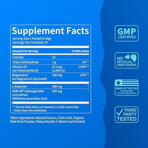 Supercalm Powdered Drink Mix, Raspberry Lemonade, L Theanine, Ksm-66 Ashwagandha, Magnesium Glycinate, Vitamin D 3, Supplements for Relaxation & Focus, No Sugar, Non GMO, On The Go, 20 Ct