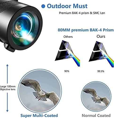80x100 Monocular-Telescope High Powered for Smartphone Monoculars for Adults High Definition Monocular Telescope for Stargazing Hunting Wildlife Bird Watching Travel Camping Hiking