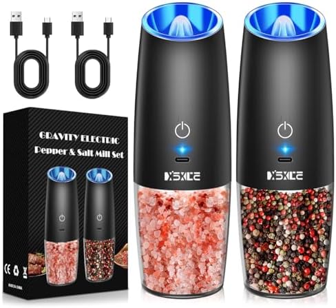 Rechargeable Electric Pepper and Salt Grinder Set, No Battery Needed, whit Gravity Sensing Switch and LED Light, One Hand Automatic Operation, Black 2 Pack