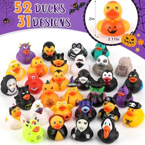 DMSKY 52 Pcs Halloween Rubber Ducks in Bulk, Ducks for Jeeps for Halloween Party Favors, Halloween Basket Stuffers, Gift Exchange, Treat Supplies Goodie Bag Fillers