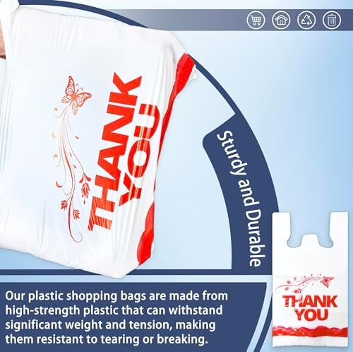 1000PCS White “Thank You” T-Shirt Bags – Reusable & Disposable Grocery and Supermarket Shopping Bags, 11"x6"x21"