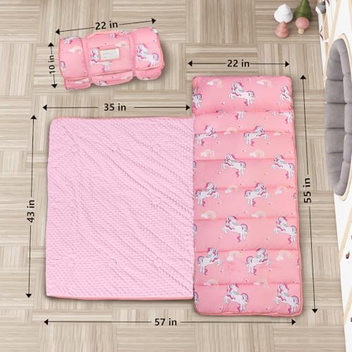 Primlect Thickened Toddler Nap Mat with Removable Pillow and Minky Blanket, Extra Large 55''x35'' Sleeping Bag, Washable, Roll up, Perfect for Daycare, Preschool, Kindergarten, Boys and Girls Unicorn