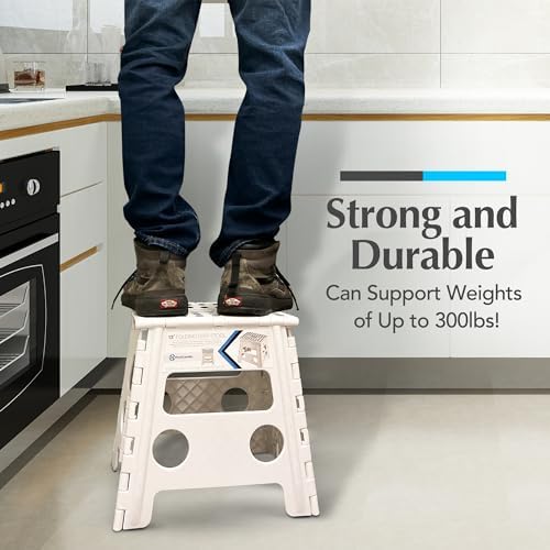 Handy Laundry Folding Lightweight Step Stool - Sturdy Enough to Support Adults and Safe Enough for Kids - Opens Easy with One Flip - Great for Kitchen, Bathroom or Bedroom (White - 13 inch)