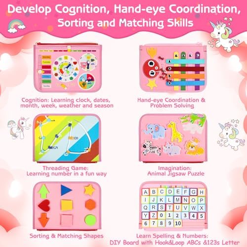 Esjay Toddler Busy Board Montessori Toys for Girls, Sensory Board Educational Activities for Learning Fine Motor Skills, Birthday Gifts for Girls Toddlers, Travel Toys for Airplane Car, Fairy Horse