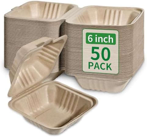 Aricsen Compostable 50 Pack 6x6 Inch Disposable Square Small Lunch Box Takeout Containers with Lid To Go Take Out Clamshell for Food, Eco-Friendly Biodegradable Bagasse, PFAS-Free, Unbleached Brown