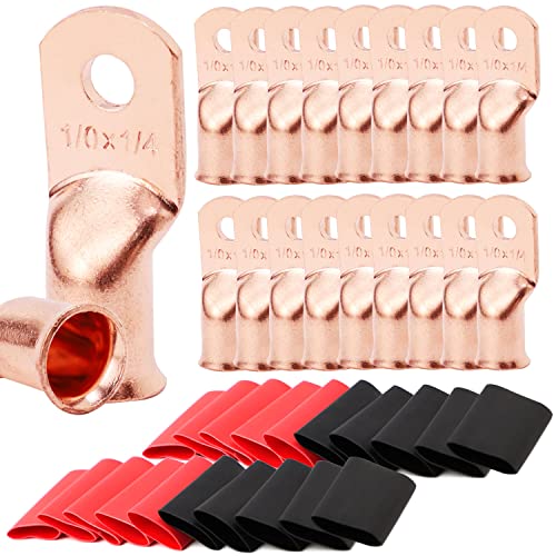 TKDMR 20pcs 1/0 AWG-1/4 Battery Lugs,Heavy Duty Wire Lugs,Ring Terminals,Battery Cable Ends,0 Guage terminals,Battery Terminal Connectors with 20pcs 3:1 Heat Shrink Tubing